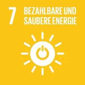 SDG-Symbol 7 „Bezahlbare und saubere Energie“: Sonne mit Ein-/Aus-Schalter auf gelbem Grund.