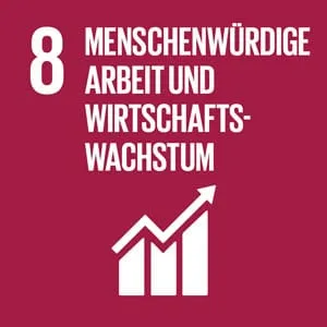 SDG-Symbol 8 „Menschenwürdige Arbeit und Wirtschaftswachstum“: Balkendiagramm mit Pfeil nach oben auf weinrotem Grund.