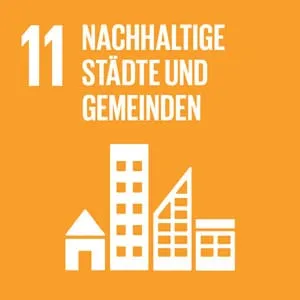 SDG-Symbol 11 „Nachhaltige Städte und Gemeinden“: Skyline-Silhouette auf orangem Grund.