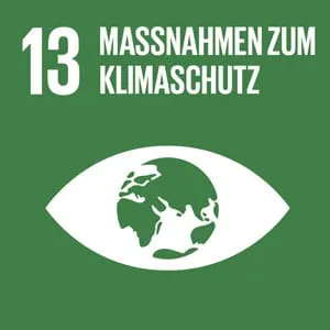 SDG-Symbol 13 „Massnahmen zum Klimaschutz“: Auge mit Weltkugel als Pupille auf grünem Grund.