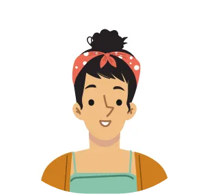 Illustrierter Avatar einer Frau mit dunklem Haar, rotem gepunktetem Haarband und grünem Top
