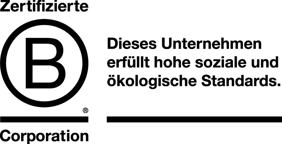 Logo 'Zertifizierte B Corporation' mit dem Text: Dieses Unternehmen erfüllt hohe soziale und ökologische Standards
