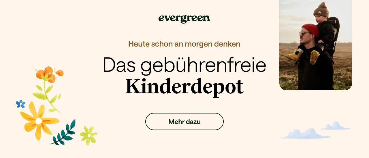 Evergreen-Werbebanner „Das gebührenfreie Kinderdepot“, Vater trägt Kind huckepack im Feld