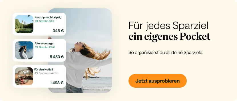 Banner „Für jedes Sparziel ein eigenes Pocket“ mit Sparziel-Karten und einer Frau am Strand