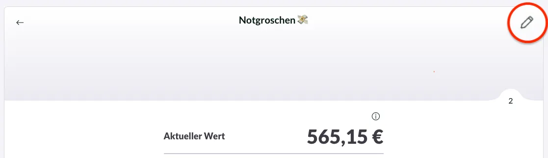 Evergreen-App-Screenshot der Pocket-Seite „Notgroschen“ mit Wert 565,15 € und rot markiertem Bearbeiten-Stift