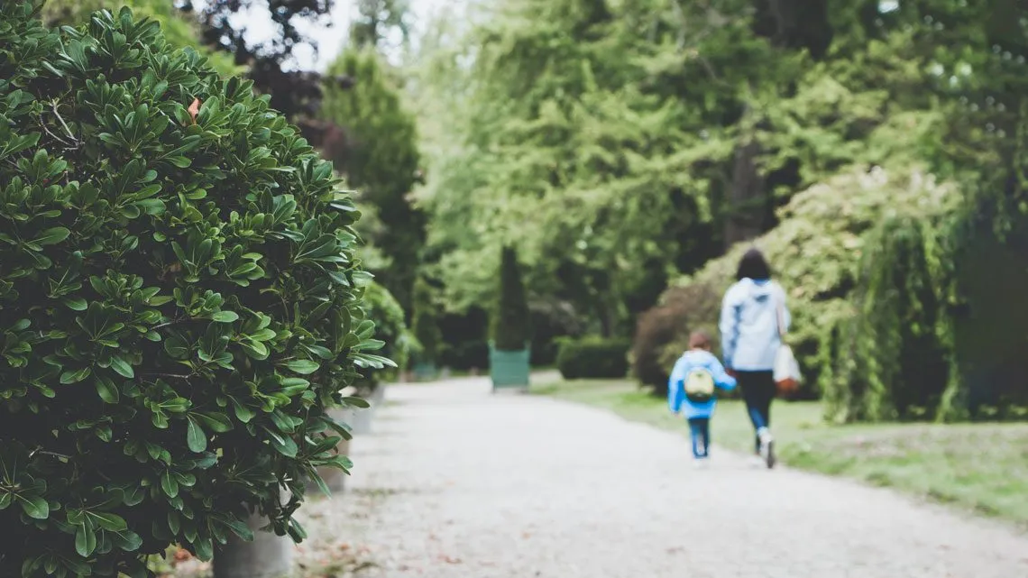 Erwachsener und Kind gehen auf einem Kiesweg zwischen Büschen und Bäumen durch einen Park
