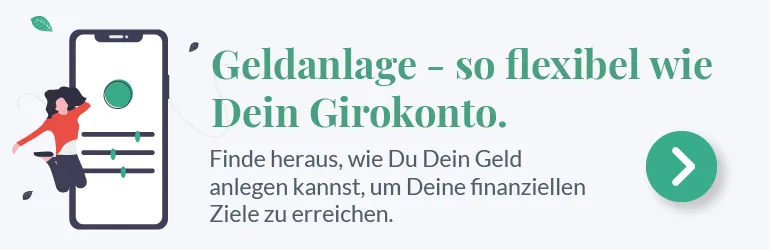 Werbebanner „Geldanlage – so flexibel wie Dein Girokonto“, mobile Ansicht mit Pfeil-Button