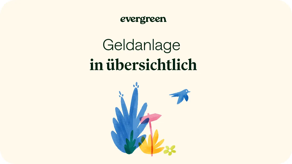 Illustration mit dem Text „Geldanlage in übersichtlich“ sowie stilisierten Pflanzen und einem Vogel