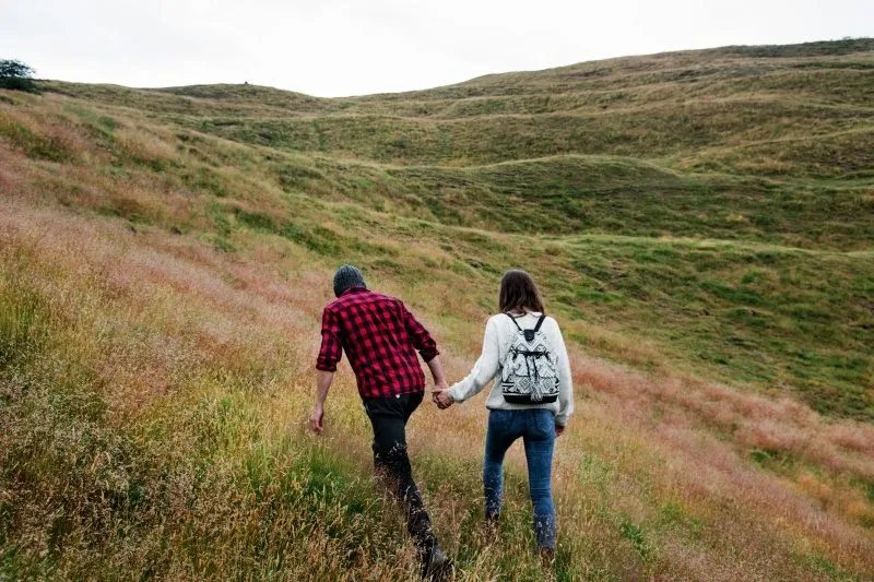 Ein Paar geht Hand in Hand einen grasbewachsenen Hügel hinauf, von hinten fotografiert