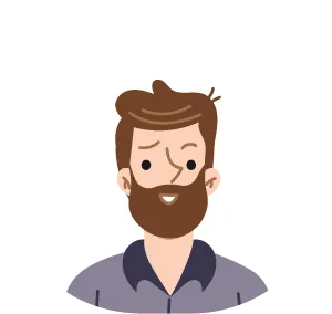 Illustrierter Avatar eines Mannes mit braunen Haaren und Vollbart in grauem Pullover