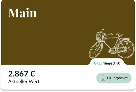 Evergreen-App-Kachel „Main“ mit Fahrrad-Illustration, GREENimpact 50 und aktuellem Wert von 2.867 €