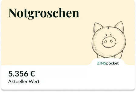 App-Karte „Notgroschen“ von ZINSpocket zeigt einen aktuellen Wert von 5.356 Euro mit Sparschwein-Illustration