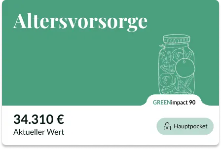 Screenshot der Evergreen-App: Pocket „Altersvorsorge“ mit GREENimpact 90 und aktuellem Wert 34.310 €