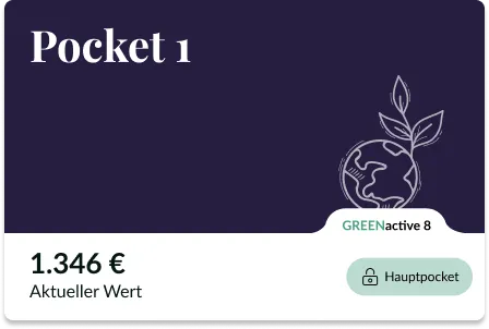 Screenshot der Evergreen-App: Pocket „Pocket 1“ mit GREENactive 8 und aktuellem Wert 1.346 €