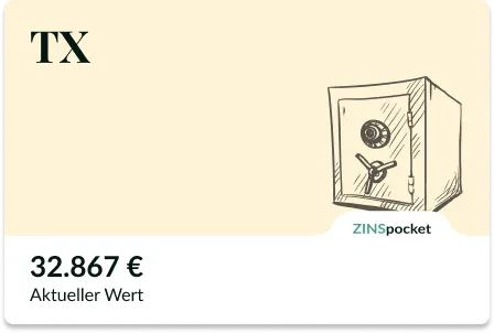 Screenshot der Evergreen-App: ZINSpocket „TX“ mit Tresor-Symbol und aktuellem Wert 32.867 €
