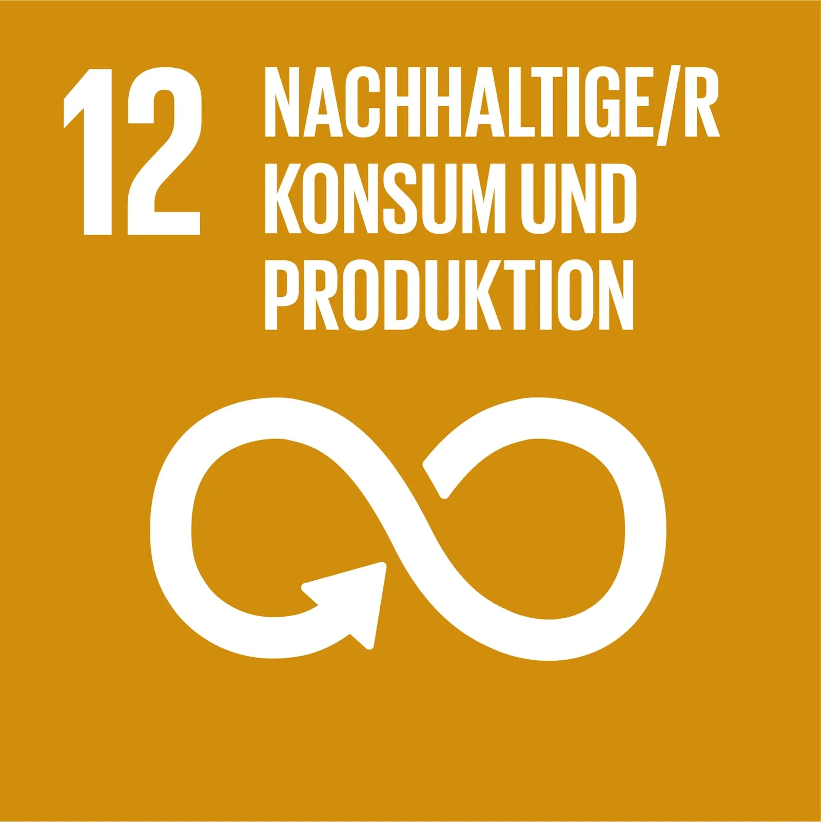 SDG-Symbol 12 „Nachhaltige/r Konsum und Produktion“: Unendlichkeitszeichen mit Pfeil auf ockerfarbenem Grund.