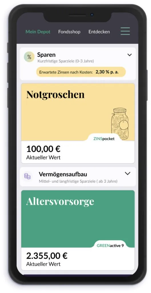 Smartphone zeigt Evergreen-App mit Sparzielen: Notgroschen 100 €, Altersvorsorge 2.355 €