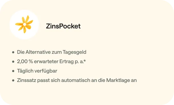 ZinsPocket Produktkarte: Die Alternative zum Tagesgeld – 2,00 % erwarteter Ertrag p.a., täglich verfügbar