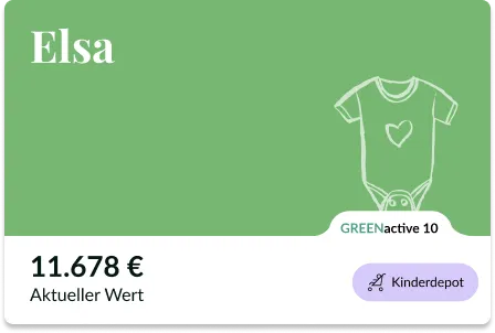 Depotkarte in der Evergreen-App: 'Elsa', GREENactive 10, aktueller Wert 11.678 €, Kategorie Kinderdepot