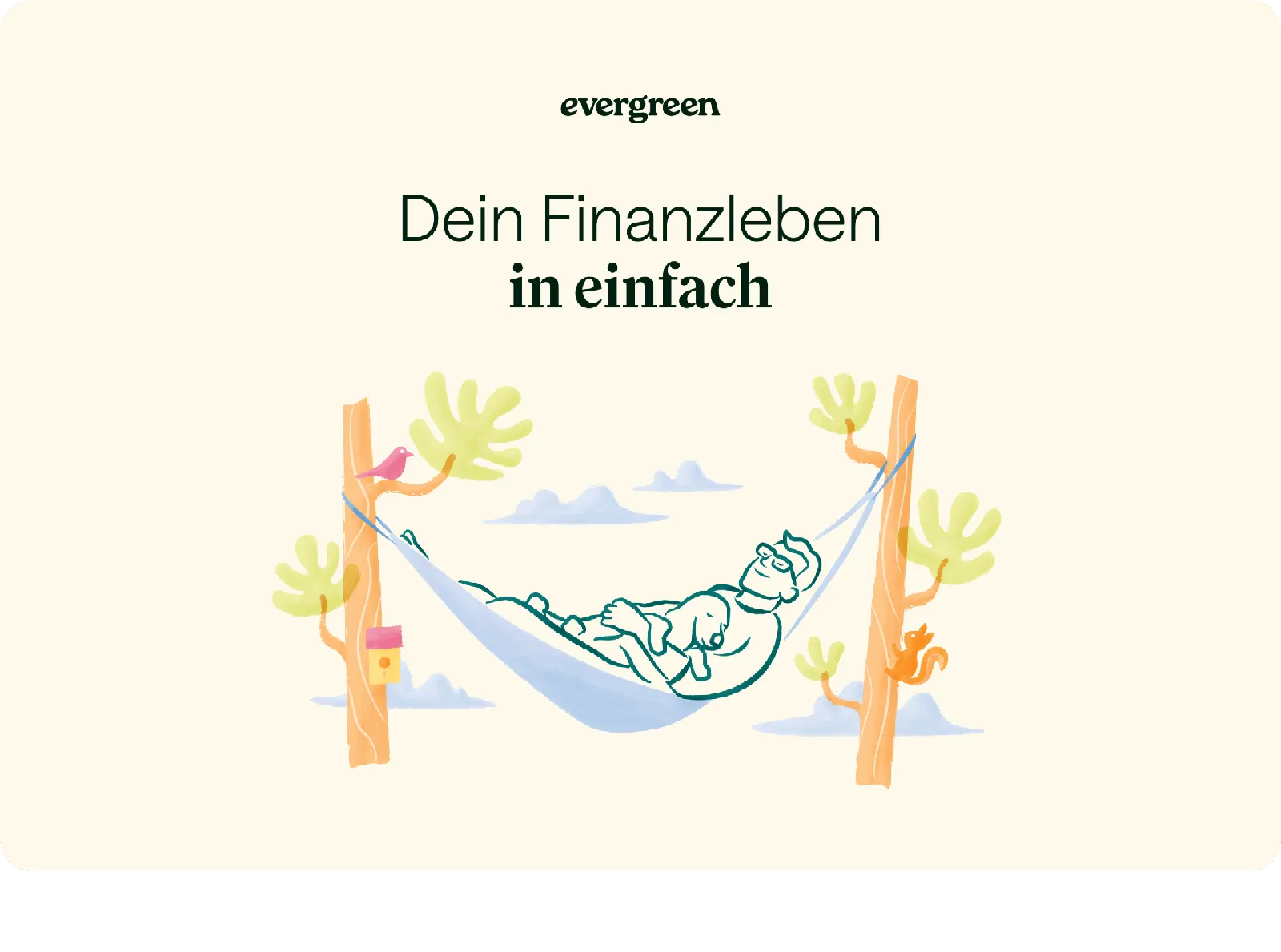 Illustration einer Person in der Hängematte zwischen Bäumen, Schriftzug „Dein Finanzleben in einfach“
