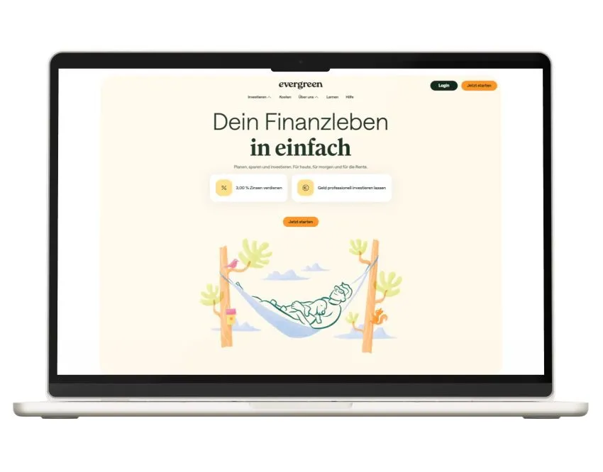 Laptop zeigt die Evergreen-Website mit der Startseite „Dein Finanzleben in einfach“