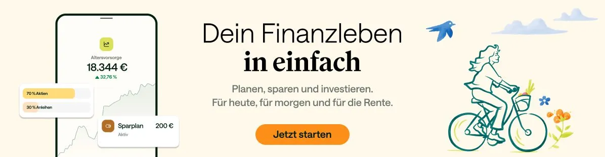 CTA-Banner „Dein Finanzleben in einfach“ mit Button „Jetzt starten“ und Smartphone-Ansicht von Sparplan und Altersvorsorge