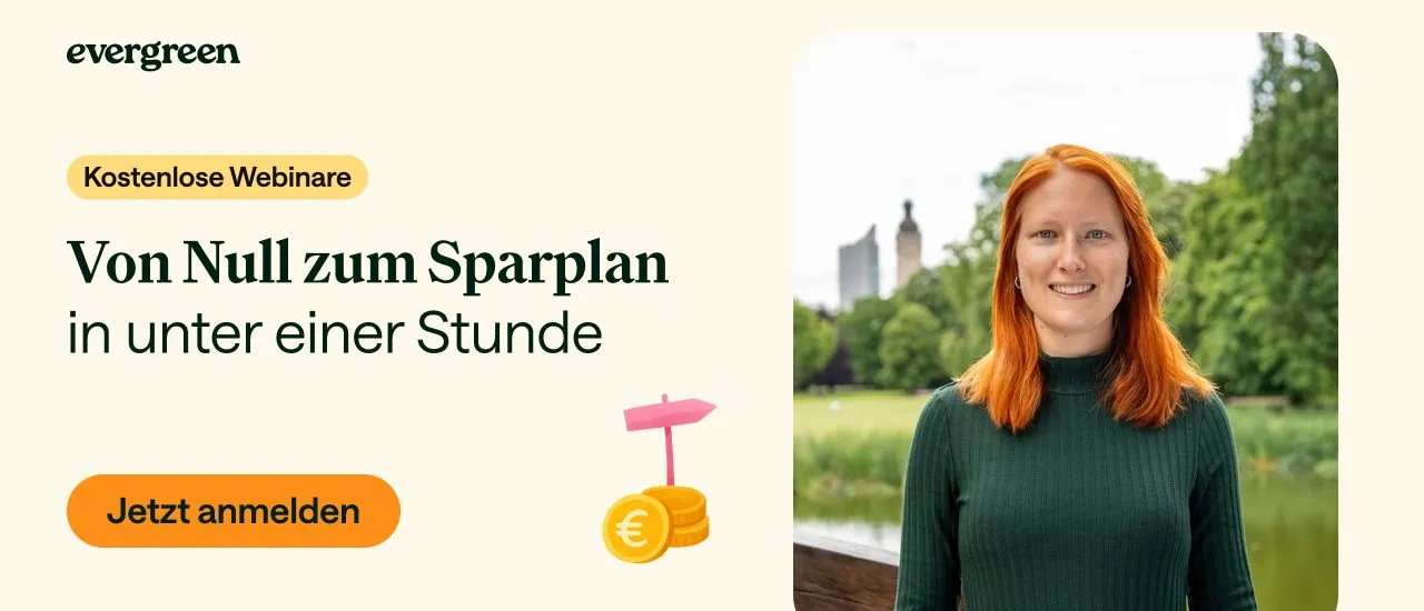 Werbebanner Kostenlose Webinare: Von Null zum Sparplan in unter einer Stunde, Button Jetzt anmelden