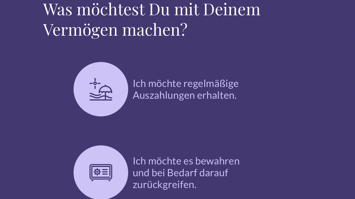Screenshot der Evergreen-App: Frage 'Was möchtest Du mit Deinem Vermögen machen?' mit zwei Auswahloptionen