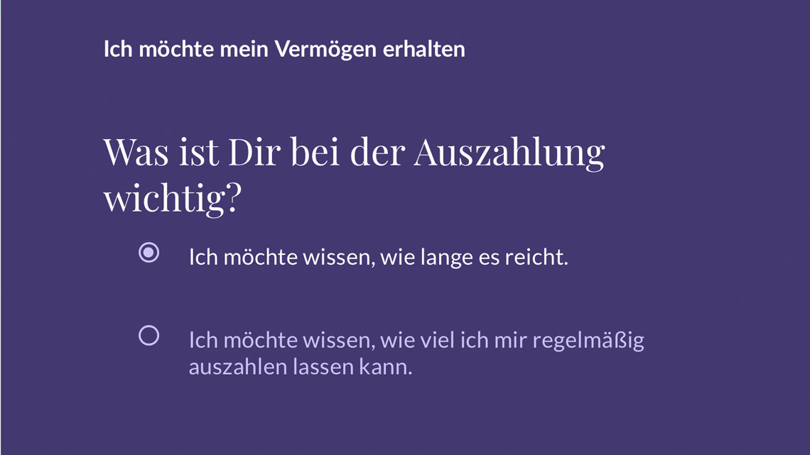 App-Bildschirm mit der Frage „Was ist Dir bei der Auszahlung wichtig?“ und zwei Auswahloptionen