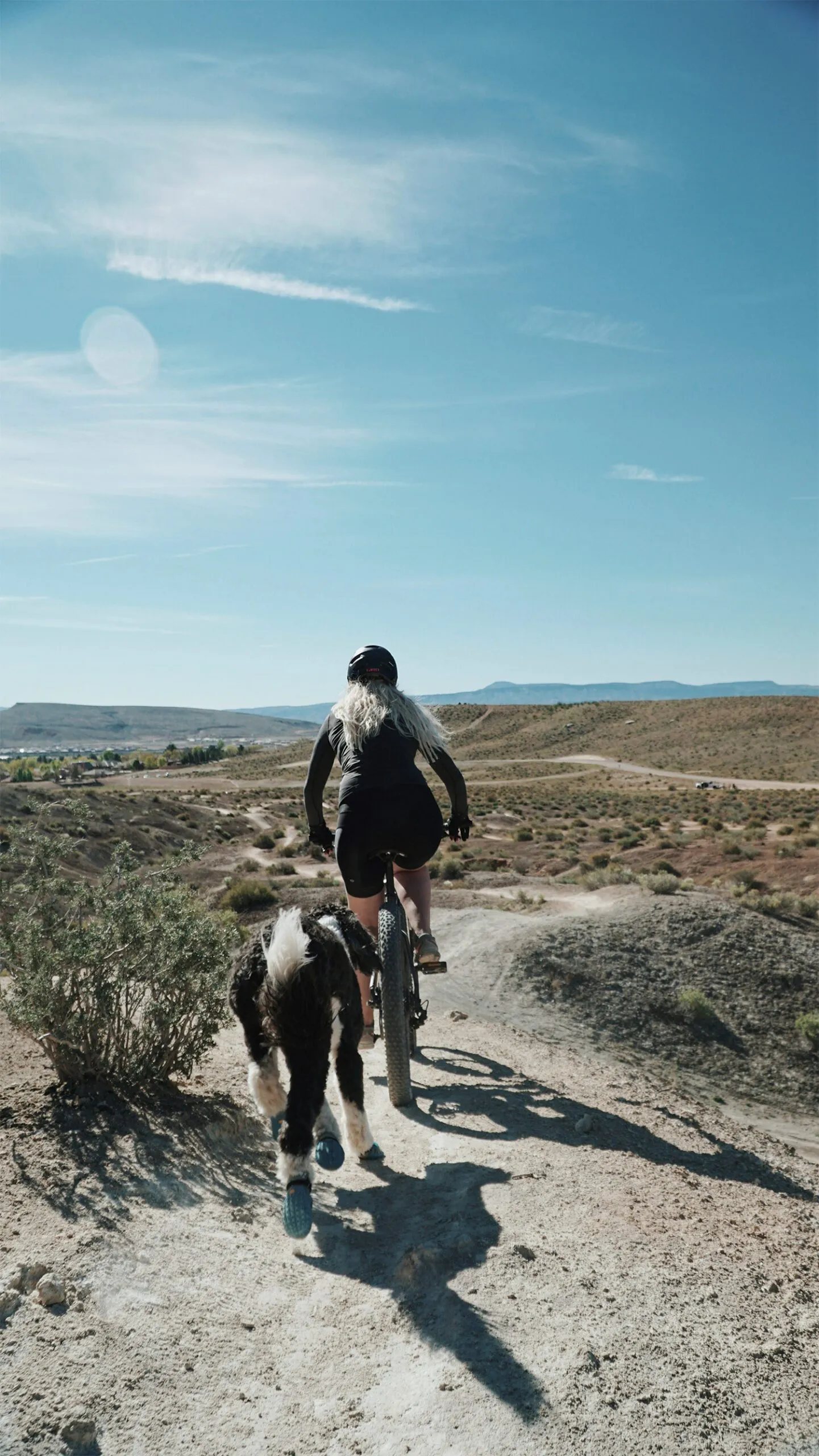 Person fährt mit dem Mountainbike durch eine Wüstenlandschaft, ein Hund läuft nebenher